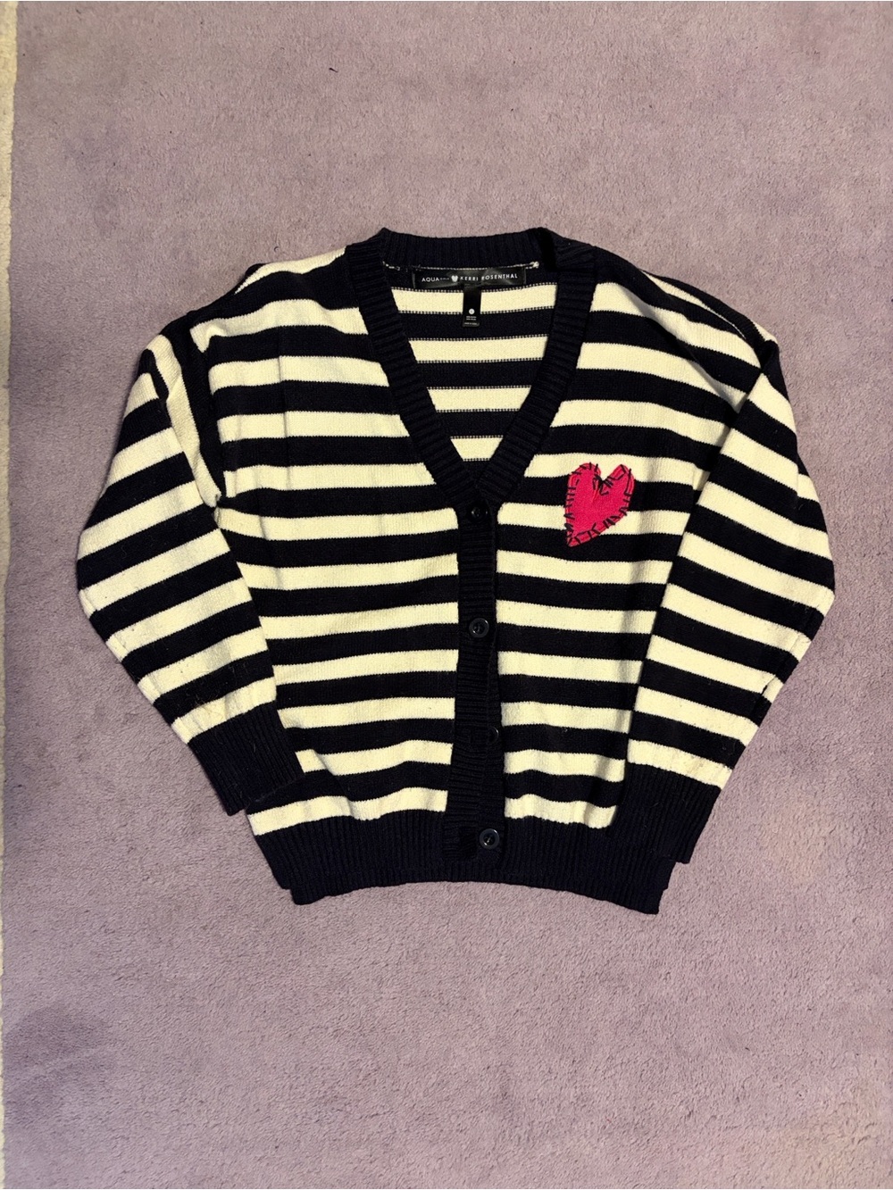 Aqua x Kerri Rosenthal navy and white V-Neck Cardigan with Pink Heart Detail